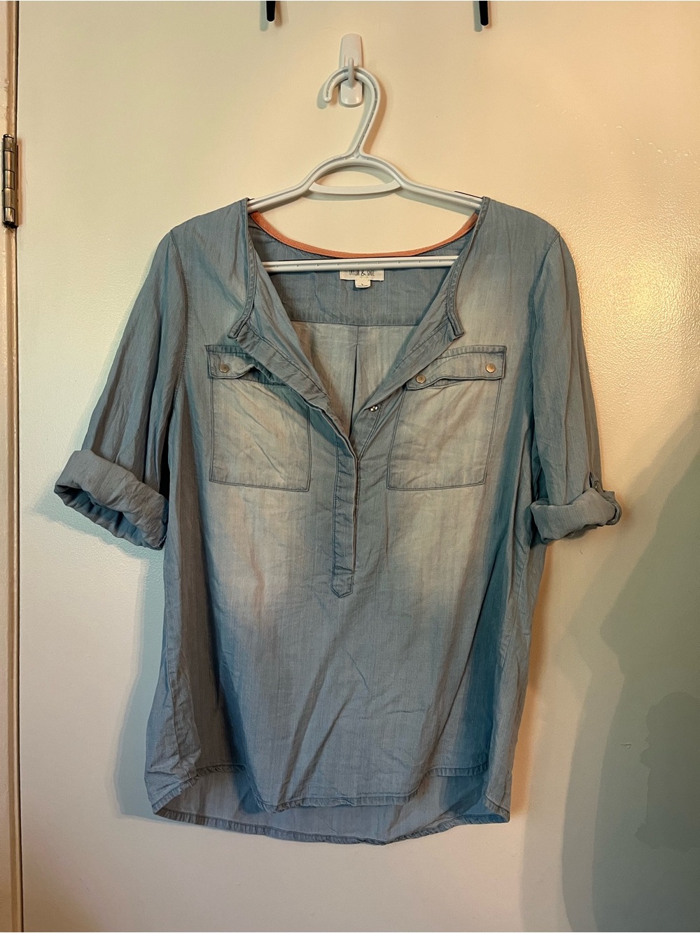 Taylor & Sage Light Blue Denim-Style Roll Sleeve Tunic